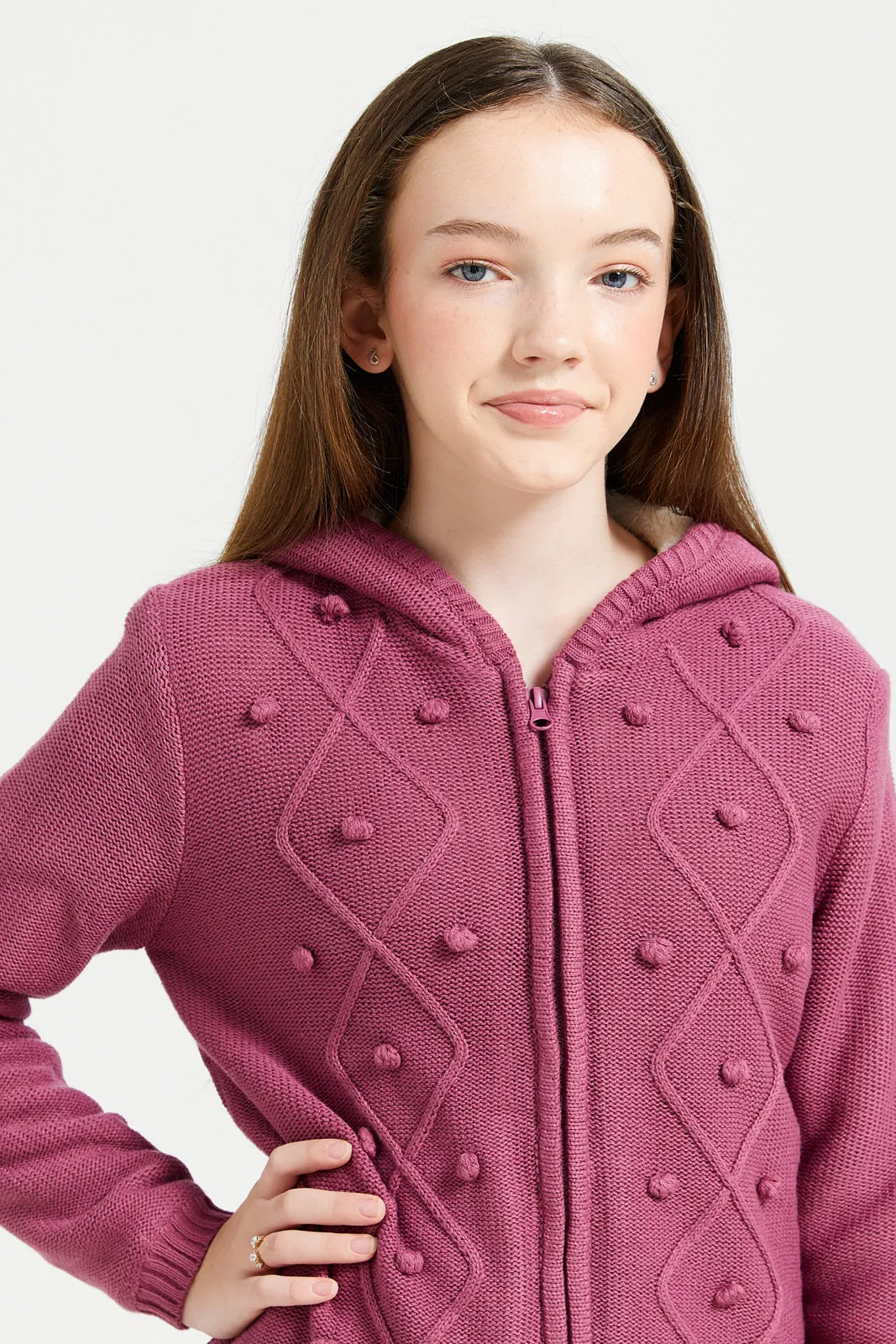 Senior Girls Fuchsia Magenta Hooded Cardigan With Sherpa Linning