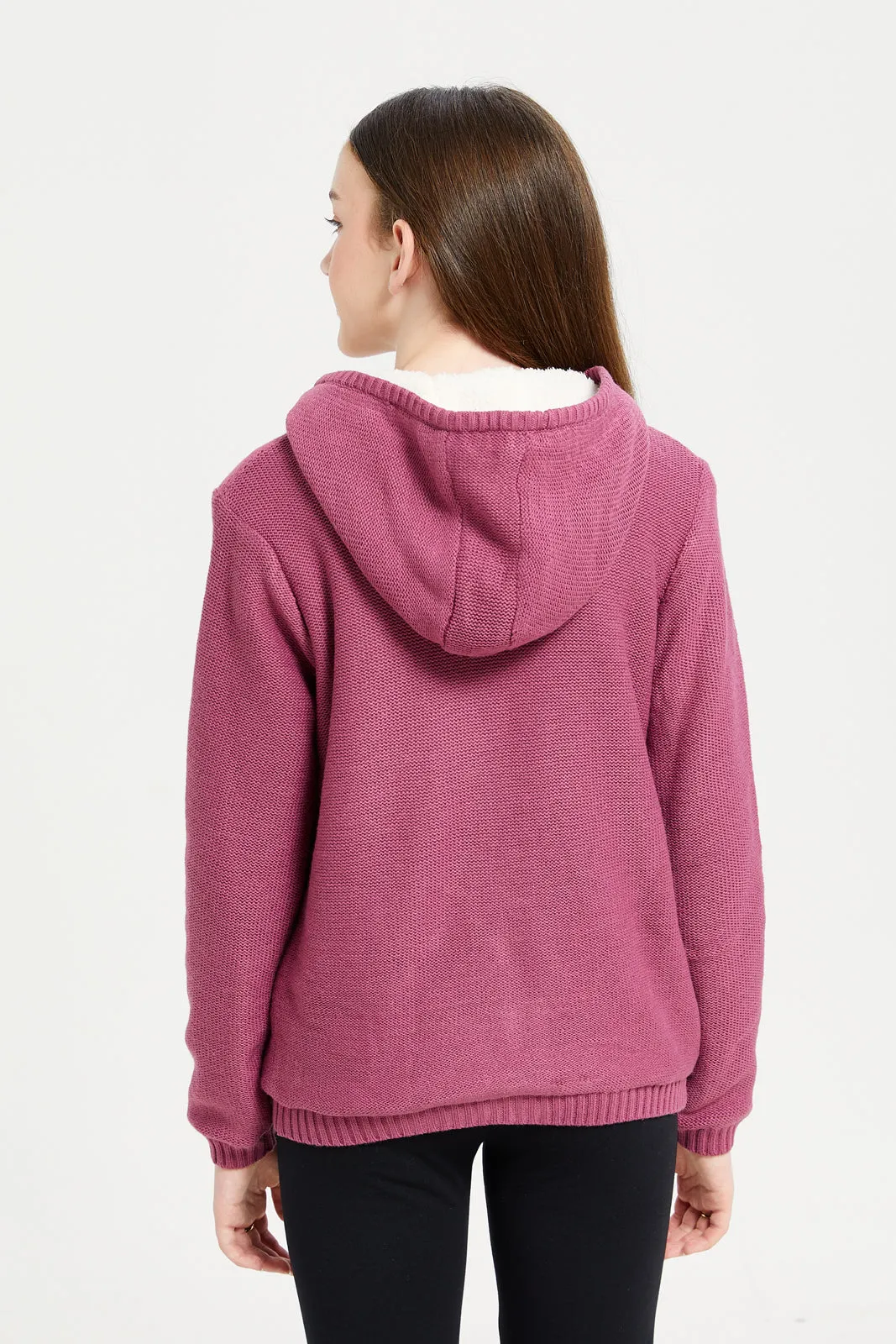 Senior Girls Fuchsia Magenta Hooded Cardigan With Sherpa Linning