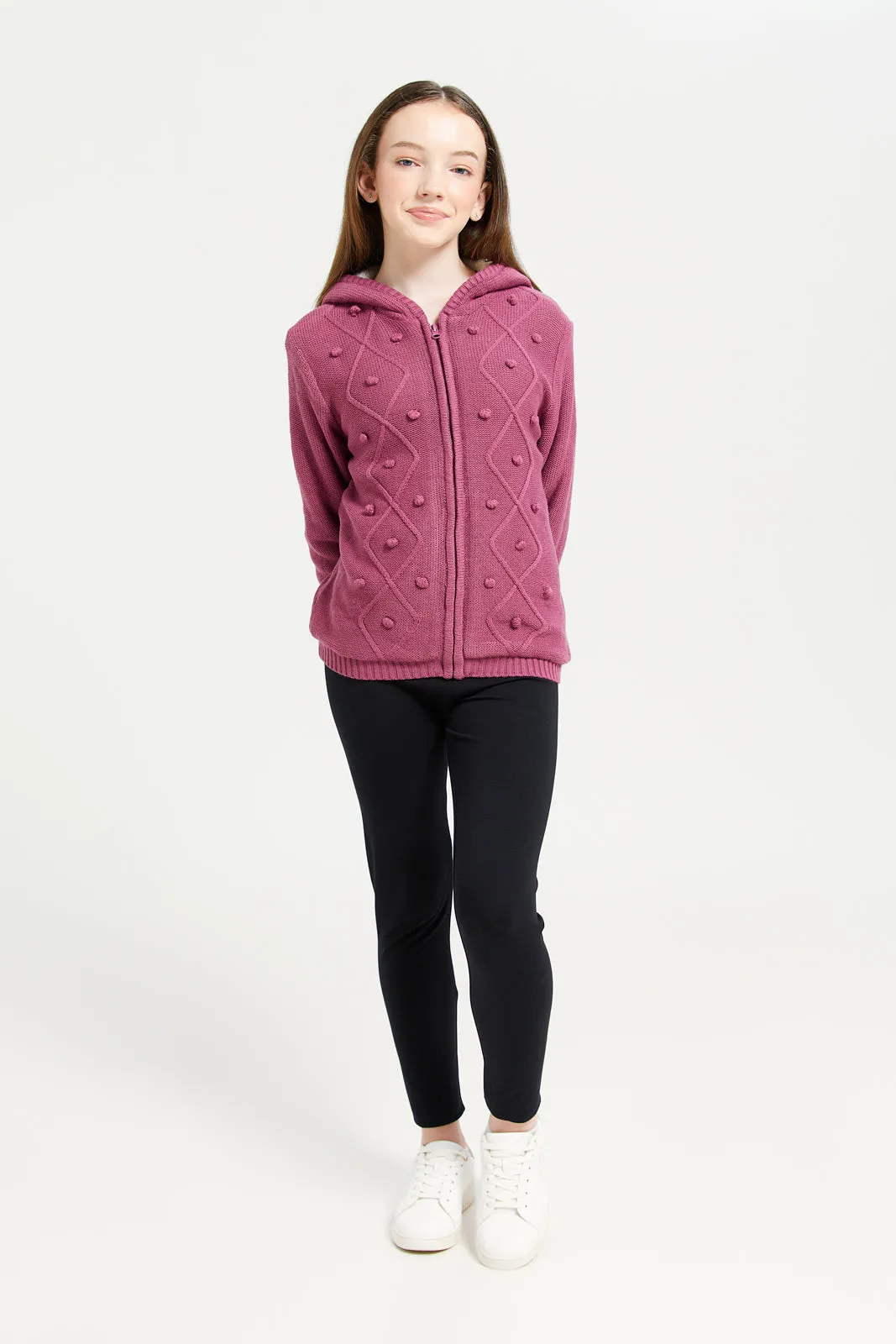 Senior Girls Fuchsia Magenta Hooded Cardigan With Sherpa Linning