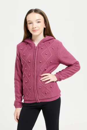 Senior Girls Fuchsia Magenta Hooded Cardigan With Sherpa Linning