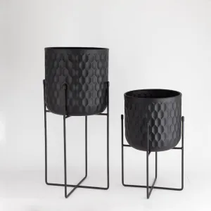 Set of Two 12" 17" H Tall Metal Flower Pot With Stand (Black)