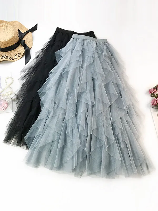 Solid Color Irregular Tiered Gauze Skirt