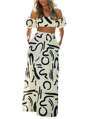 TEEK - Cropped Off-Shoulder Puff Sleeve Pocketed Long Skirt Set