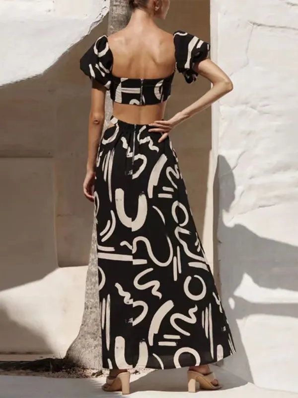 TEEK - Cropped Off-Shoulder Puff Sleeve Pocketed Long Skirt Set