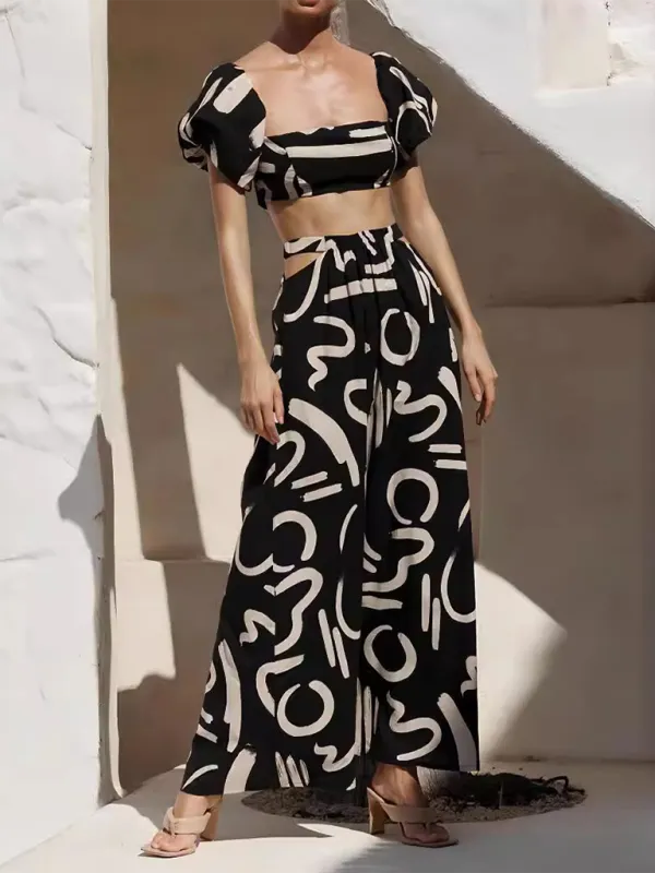 TEEK - Cropped Off-Shoulder Puff Sleeve Pocketed Long Skirt Set