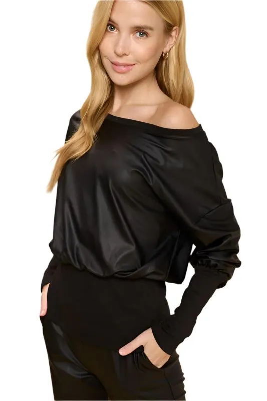 TEEK - Plus Size Black Faux Leather Rib Banded Bottom Top