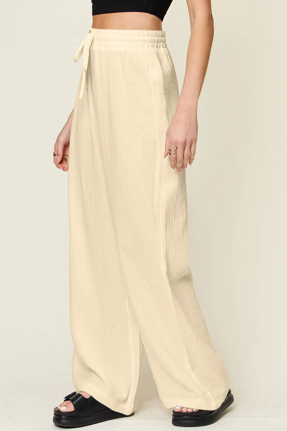 Texture Drawstring Wide Leg Pants