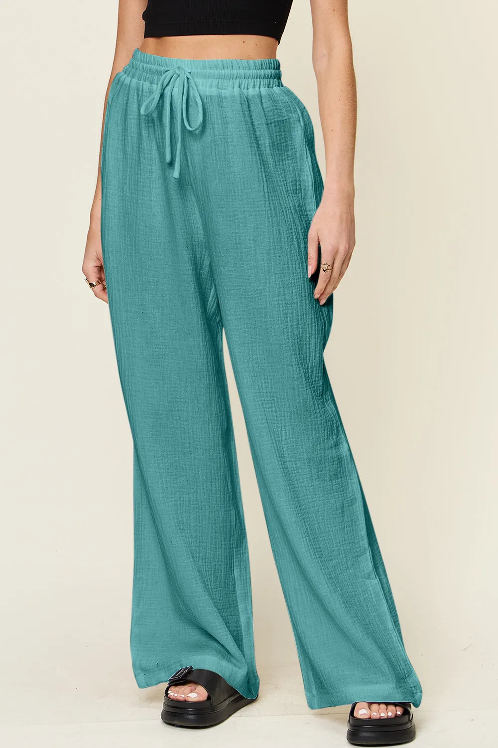 Texture Drawstring Wide Leg Pants