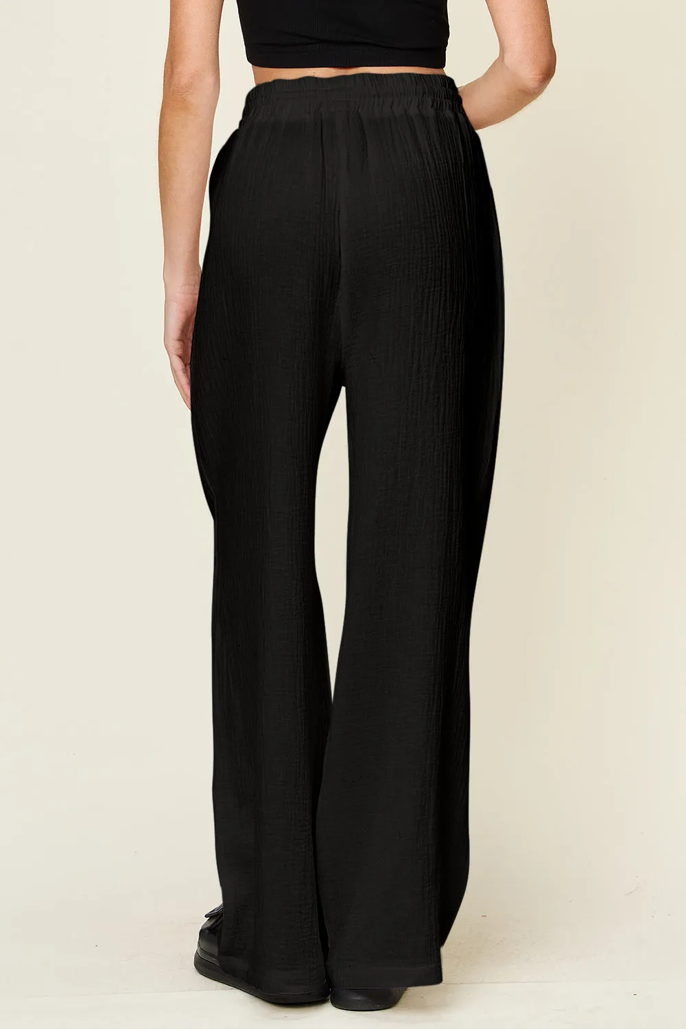 Texture Drawstring Wide Leg Pants