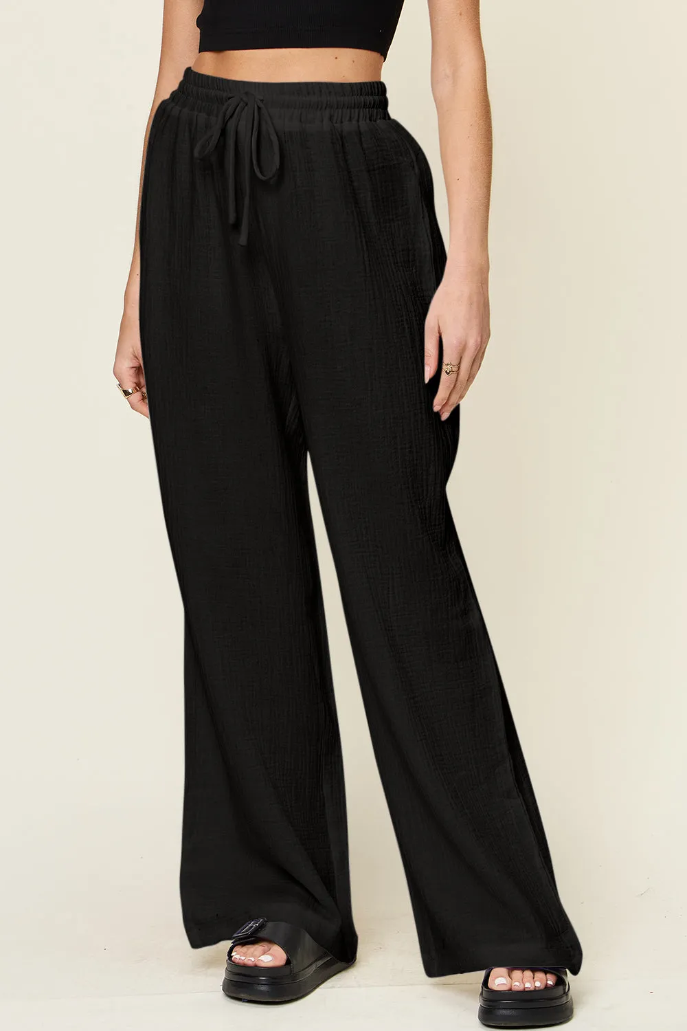 Texture Drawstring Wide Leg Pants