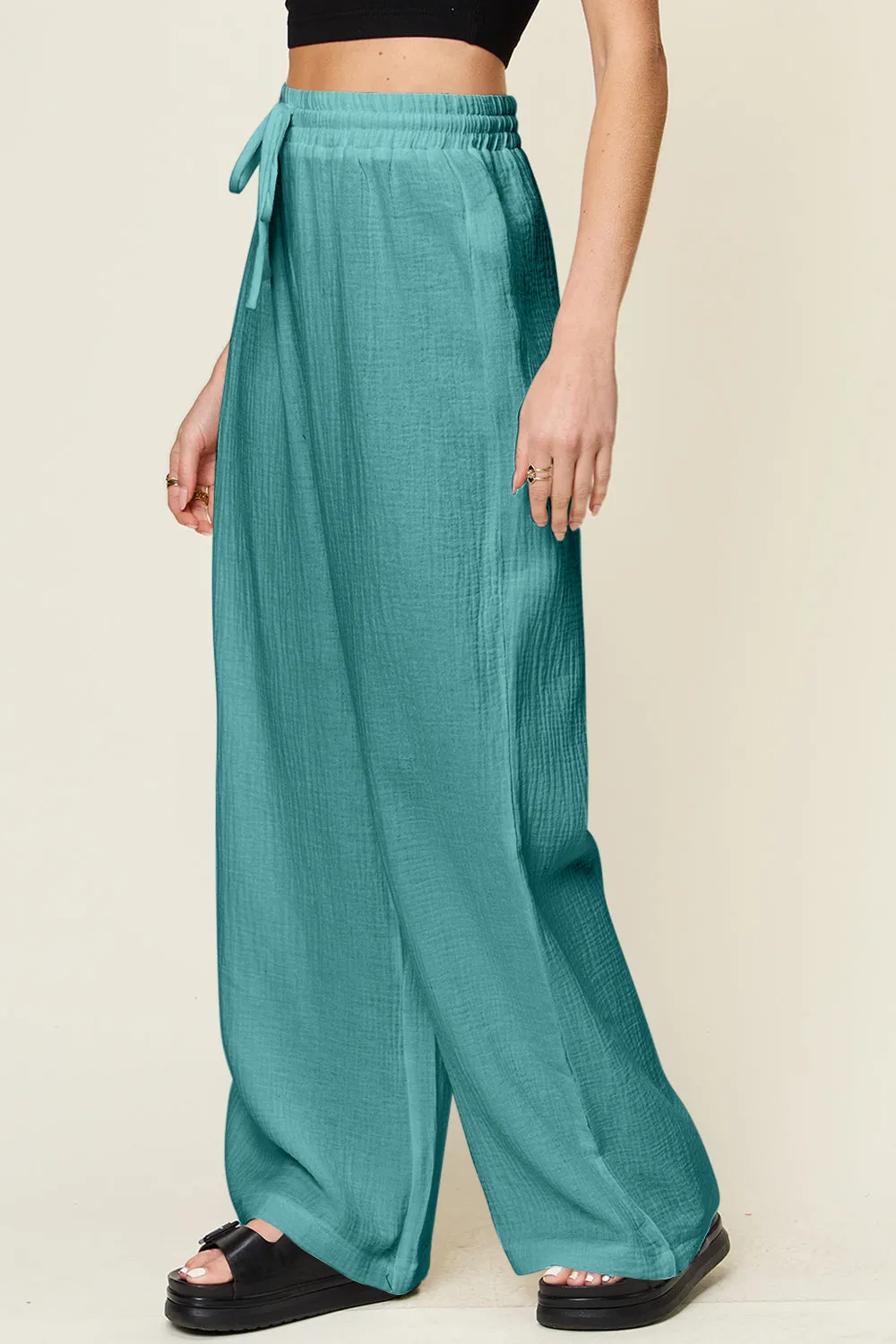 Texture Drawstring Wide Leg Pants