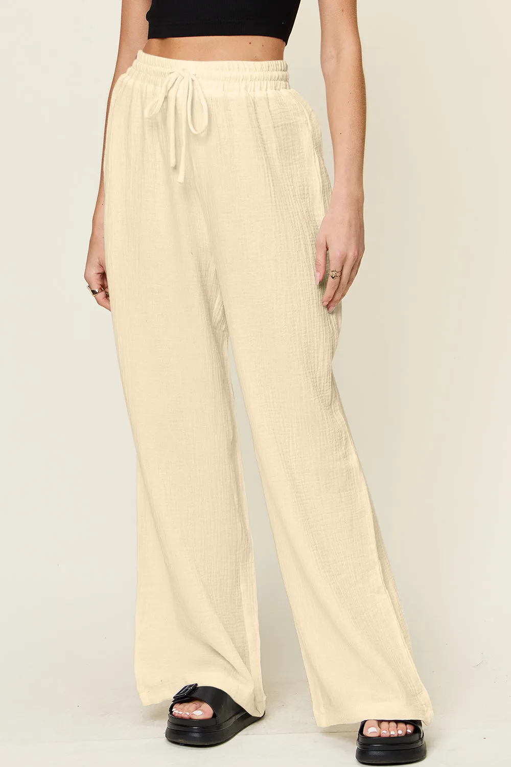 Texture Drawstring Wide Leg Pants