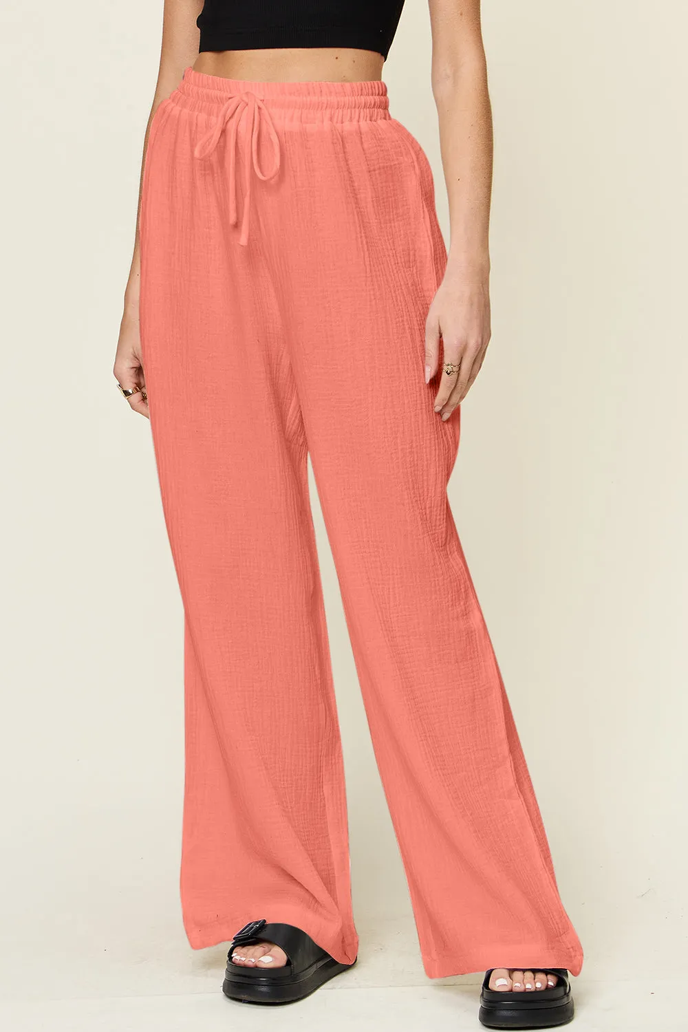 Texture Drawstring Wide Leg Pants