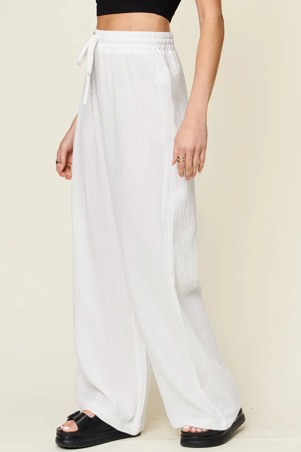 Texture Drawstring Wide Leg Pants