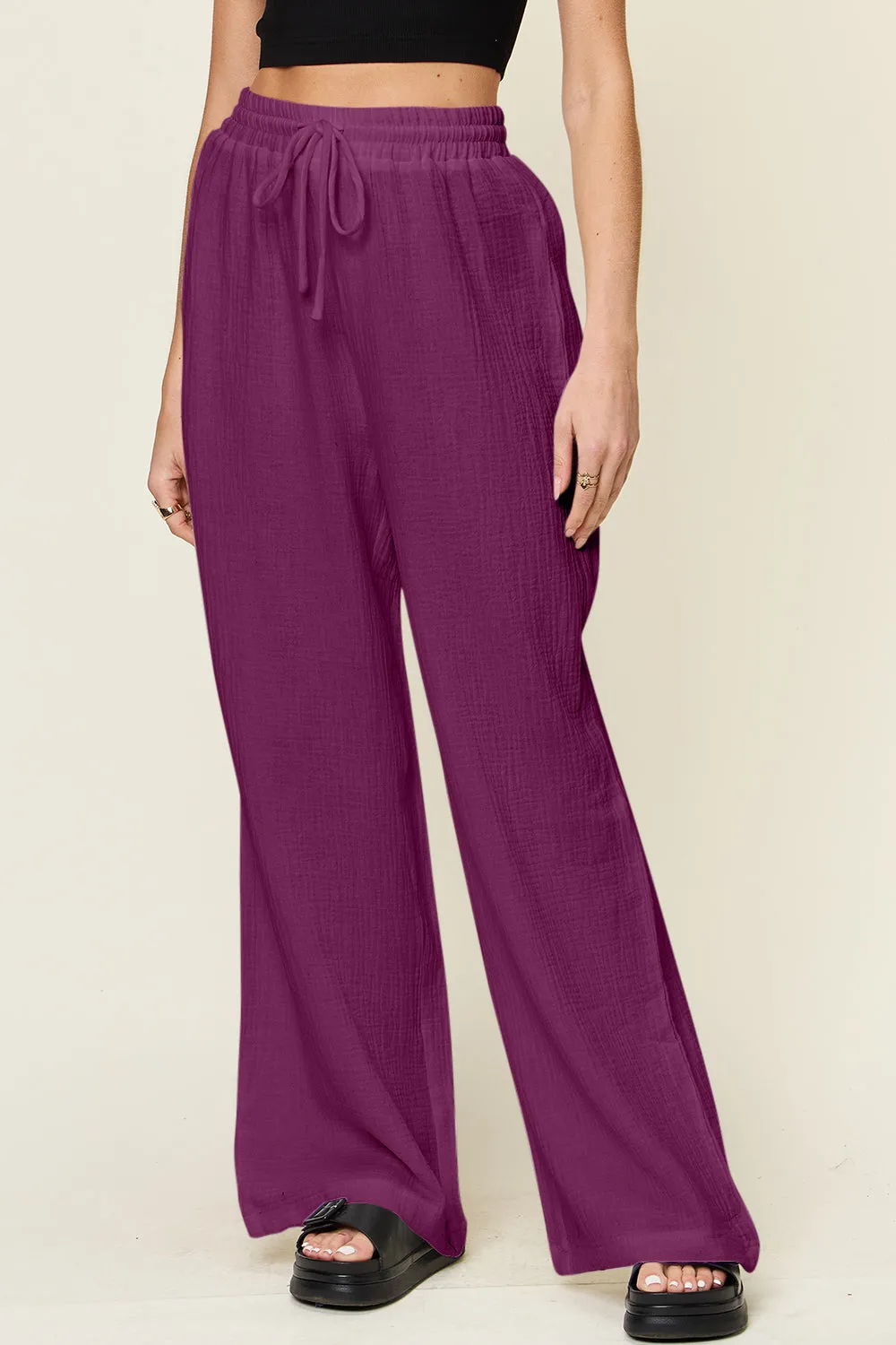 Texture Drawstring Wide Leg Pants