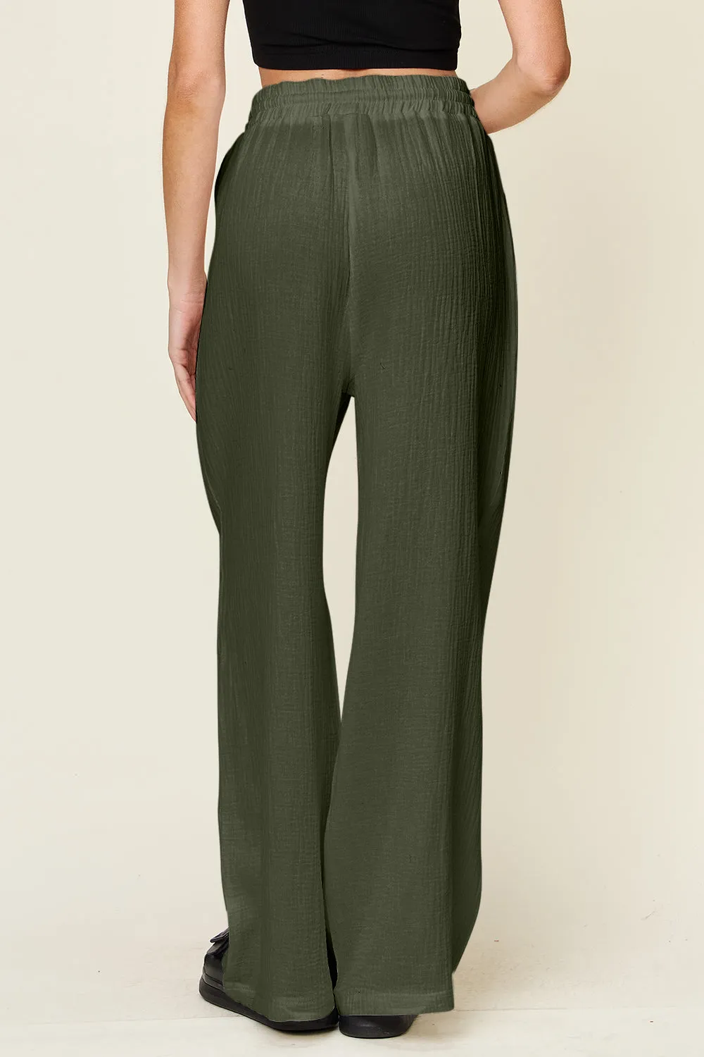 Texture Drawstring Wide Leg Pants