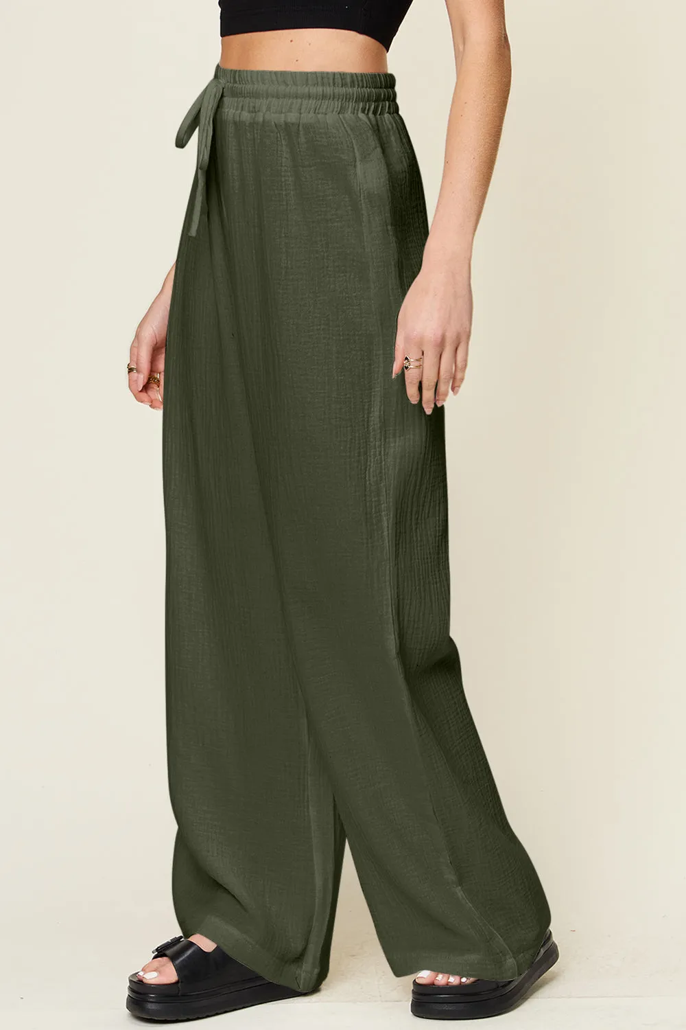 Texture Drawstring Wide Leg Pants