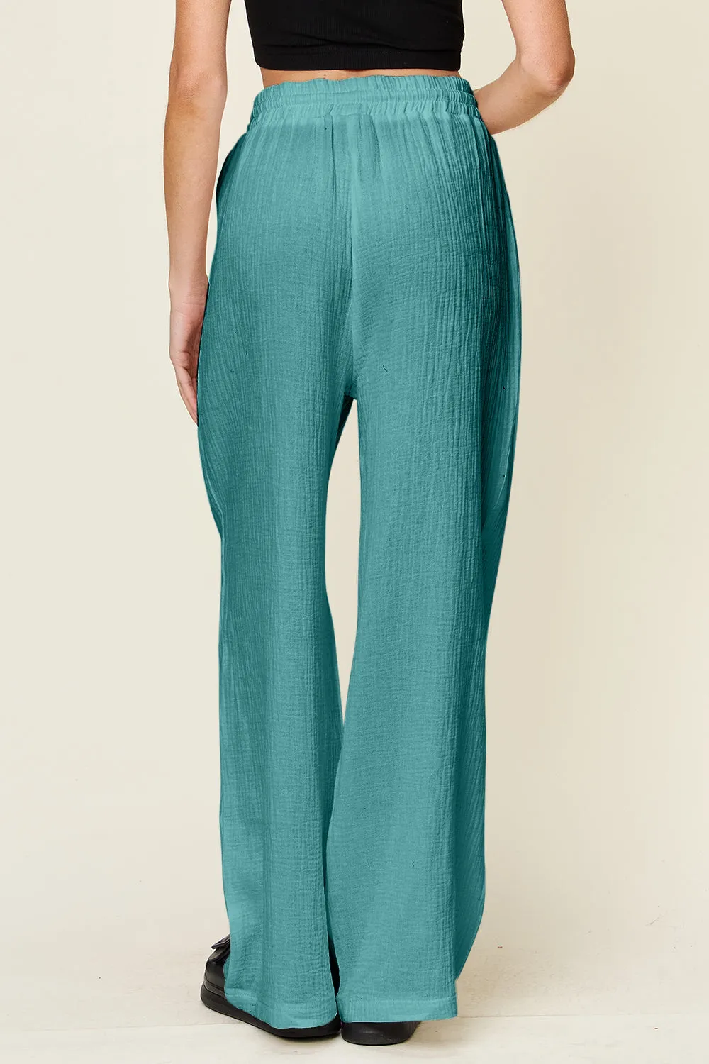 Texture Drawstring Wide Leg Pants