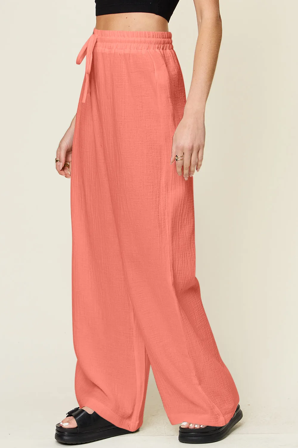 Texture Drawstring Wide Leg Pants