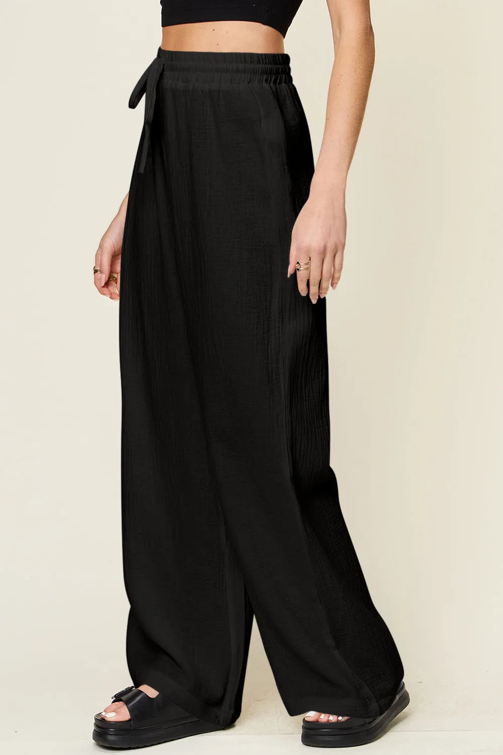 Texture Drawstring Wide Leg Pants