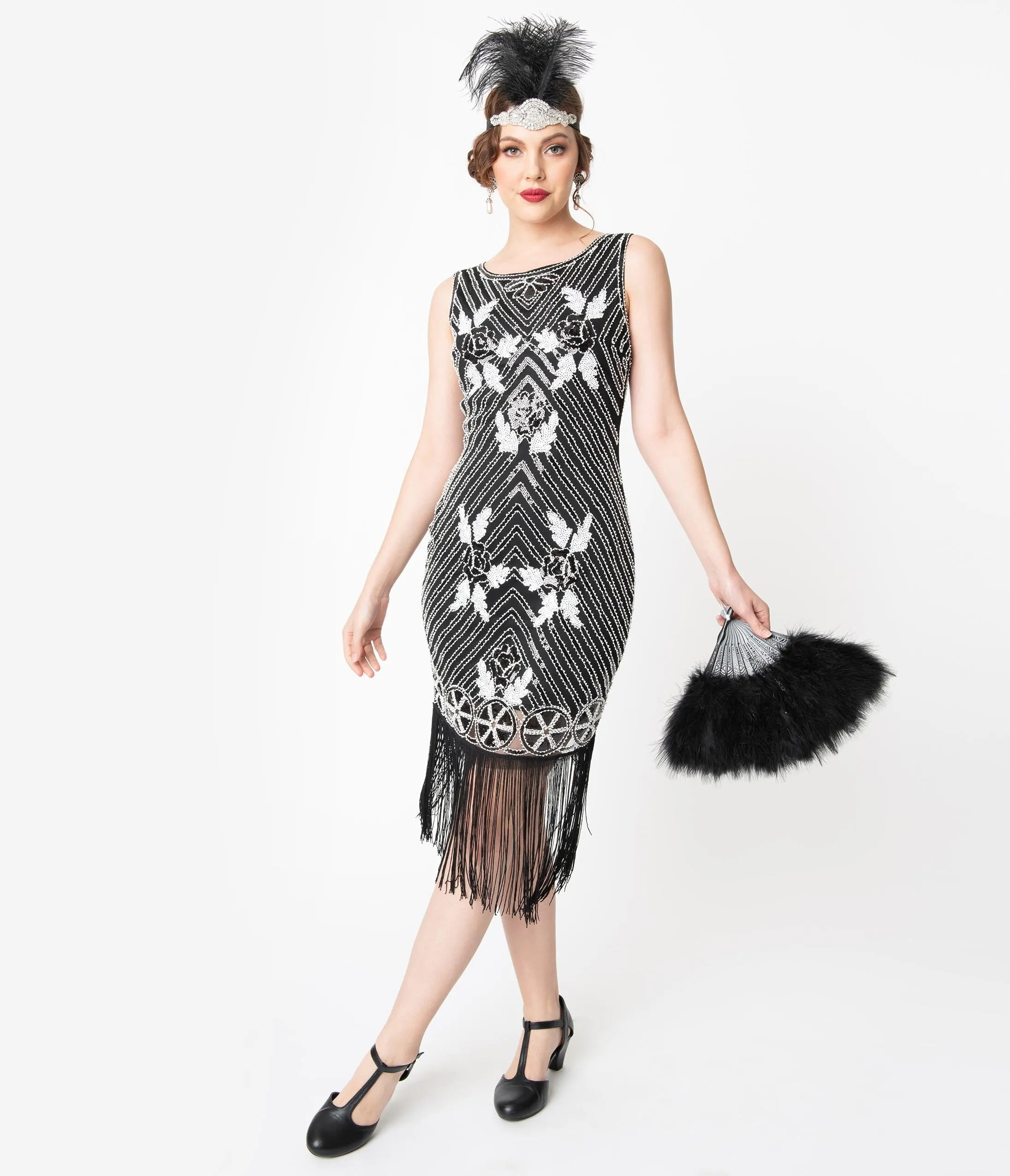 Unique Vintage Deco Black & White Beaded Fortunee Fringe Flapper Dress