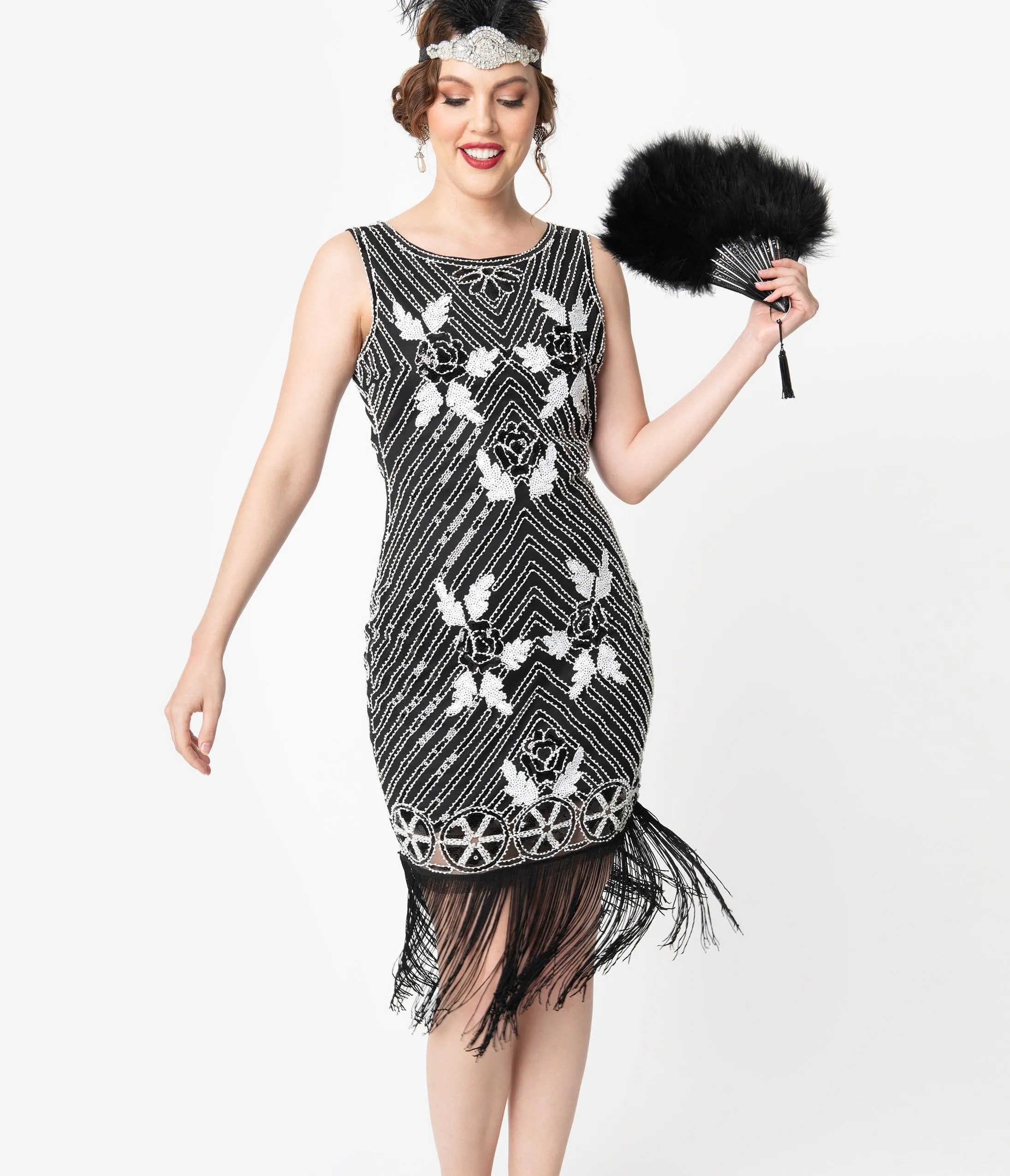 Unique Vintage Deco Black & White Beaded Fortunee Fringe Flapper Dress