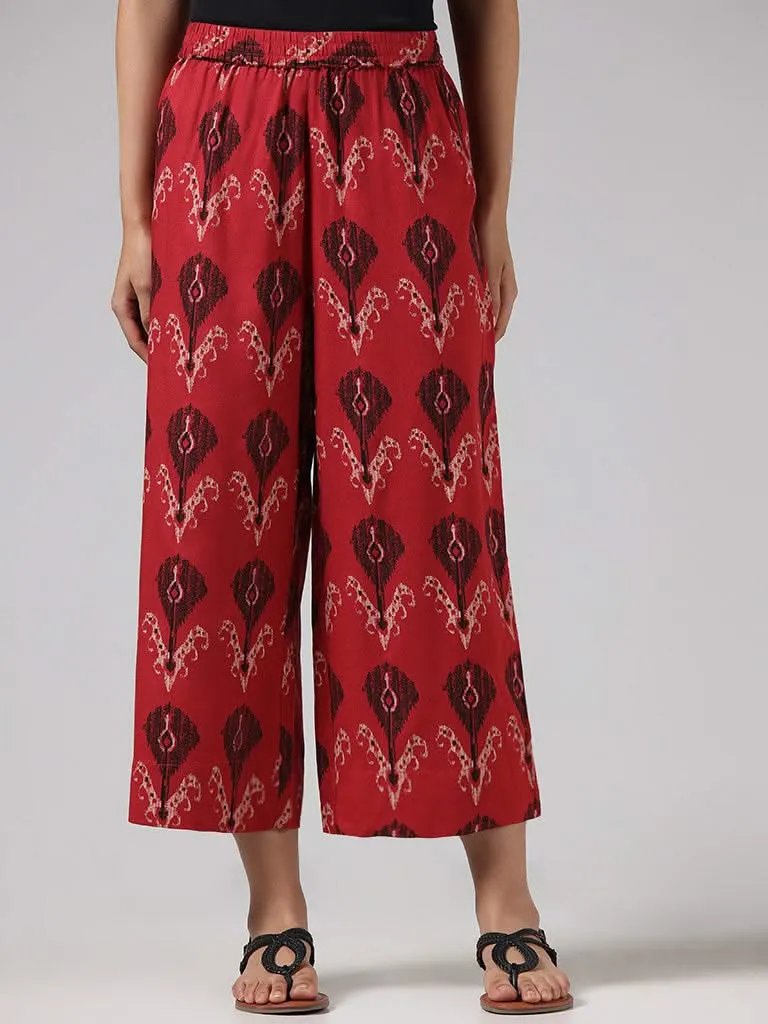 Utsa Red Ikat Printed Wide-Leg Pants