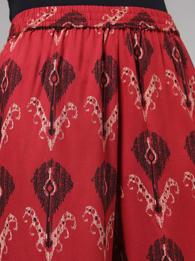 Utsa Red Ikat Printed Wide-Leg Pants