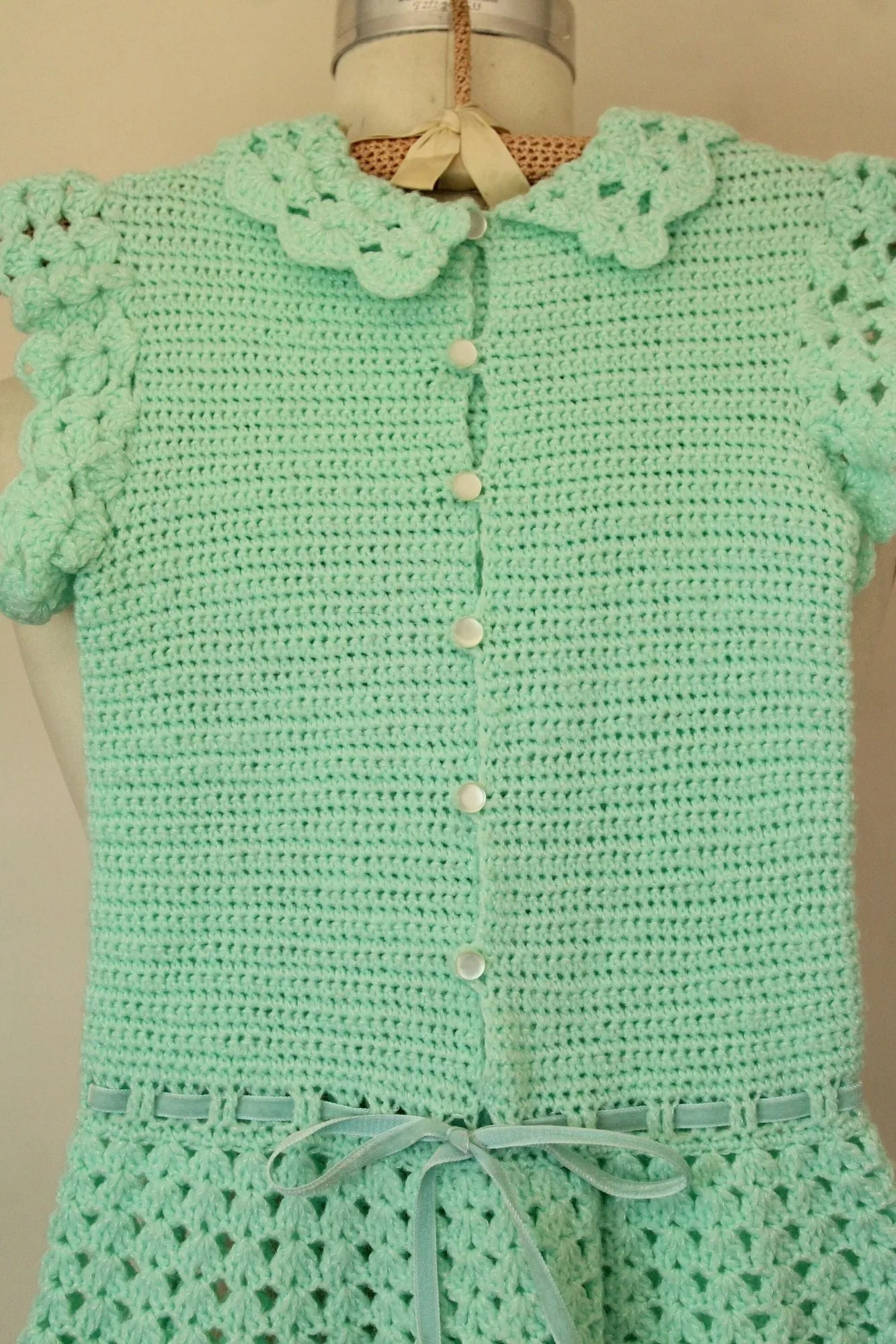 Vintage Mint Green Knit Little Girls Frock