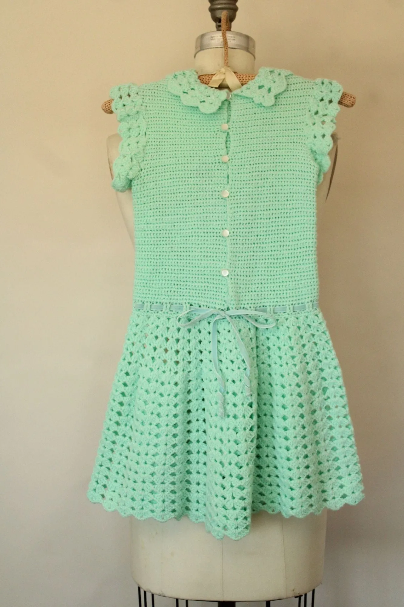 Vintage Mint Green Knit Little Girls Frock