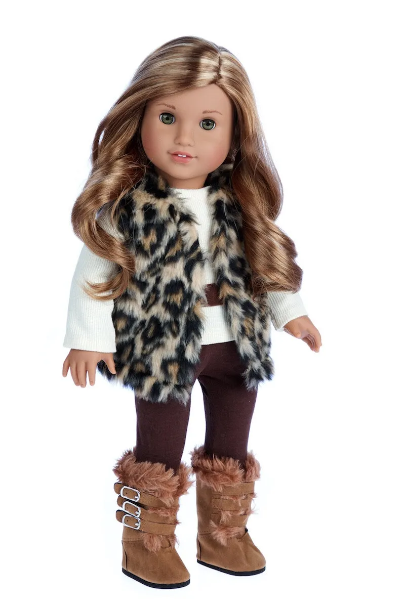 Wild Cat - Clothes for 18 inch Doll - Faux Fur Vest and Boots, Chocolate Pants and Ivory Blouse