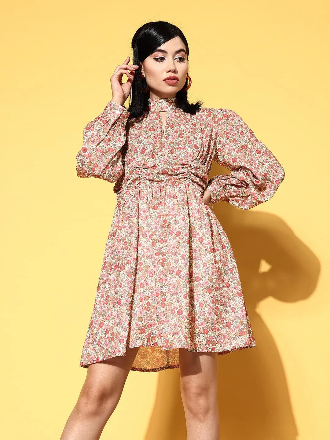 Women Beige & Pink Ditsy Floral Cuff Sleeves Dress