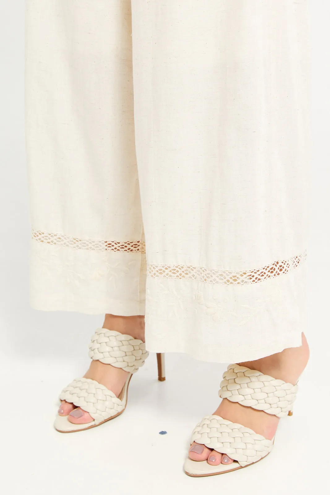 Women Beige Embellished Wide Leg Trouser