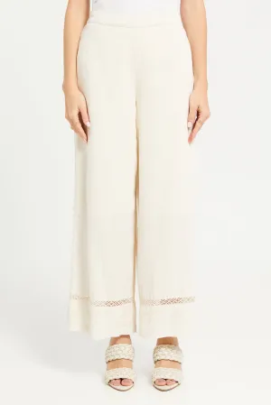 Women Beige Embellished Wide Leg Trouser