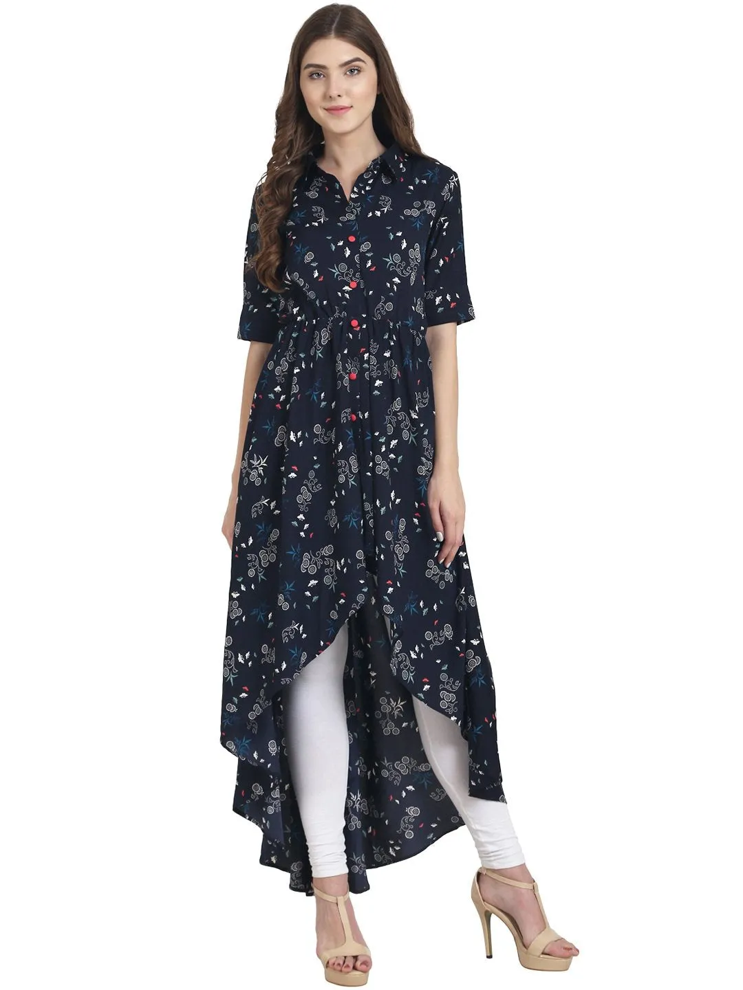 Women Black Printed Half Sleeve Crepe Anarkali Kurta