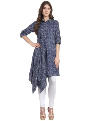 Women Blue 3/4Th Sleeve Shirt Color Cotton Kurta With Side Gathering