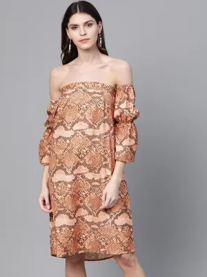 Women Brown Snake Print Bardot Shift Dress