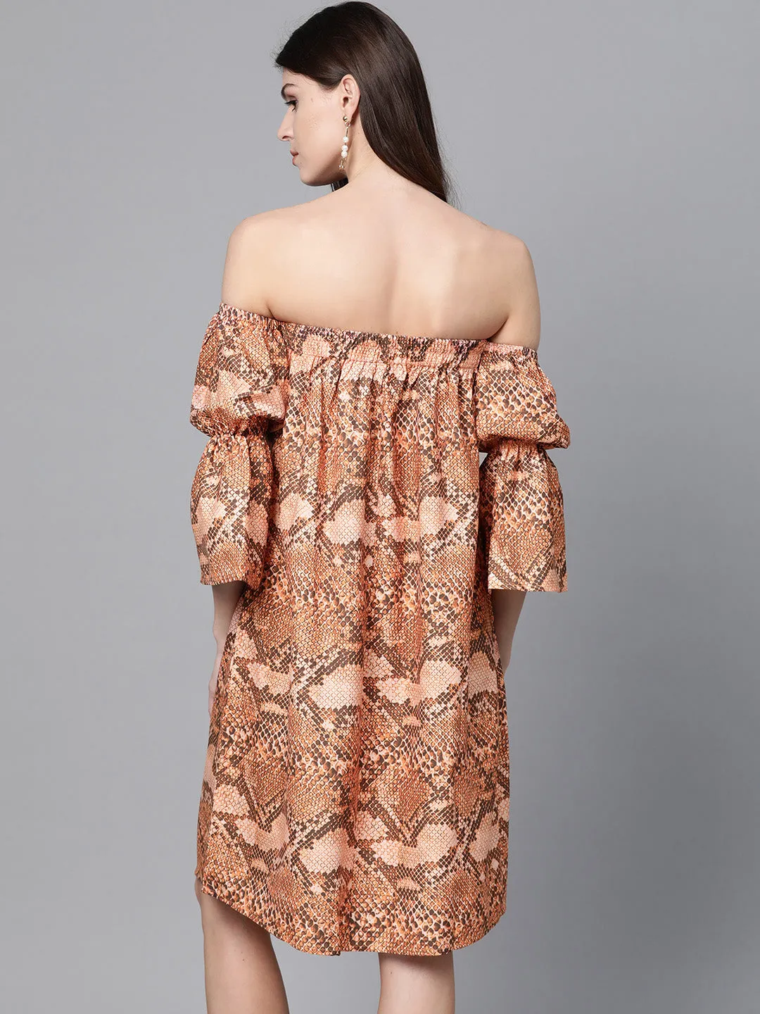 Women Brown Snake Print Bardot Shift Dress