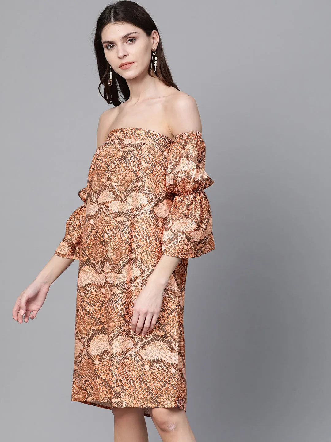 Women Brown Snake Print Bardot Shift Dress