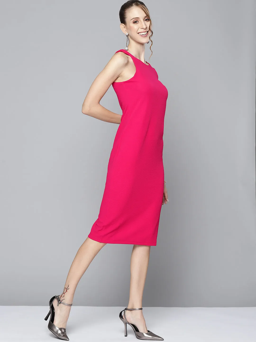 Women Fuchsia One Side Sleeve Bodycon Dress