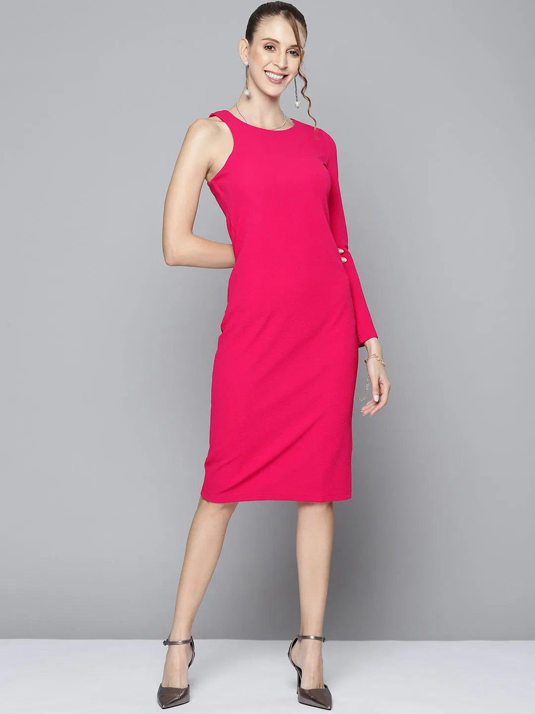 Women Fuchsia One Side Sleeve Bodycon Dress