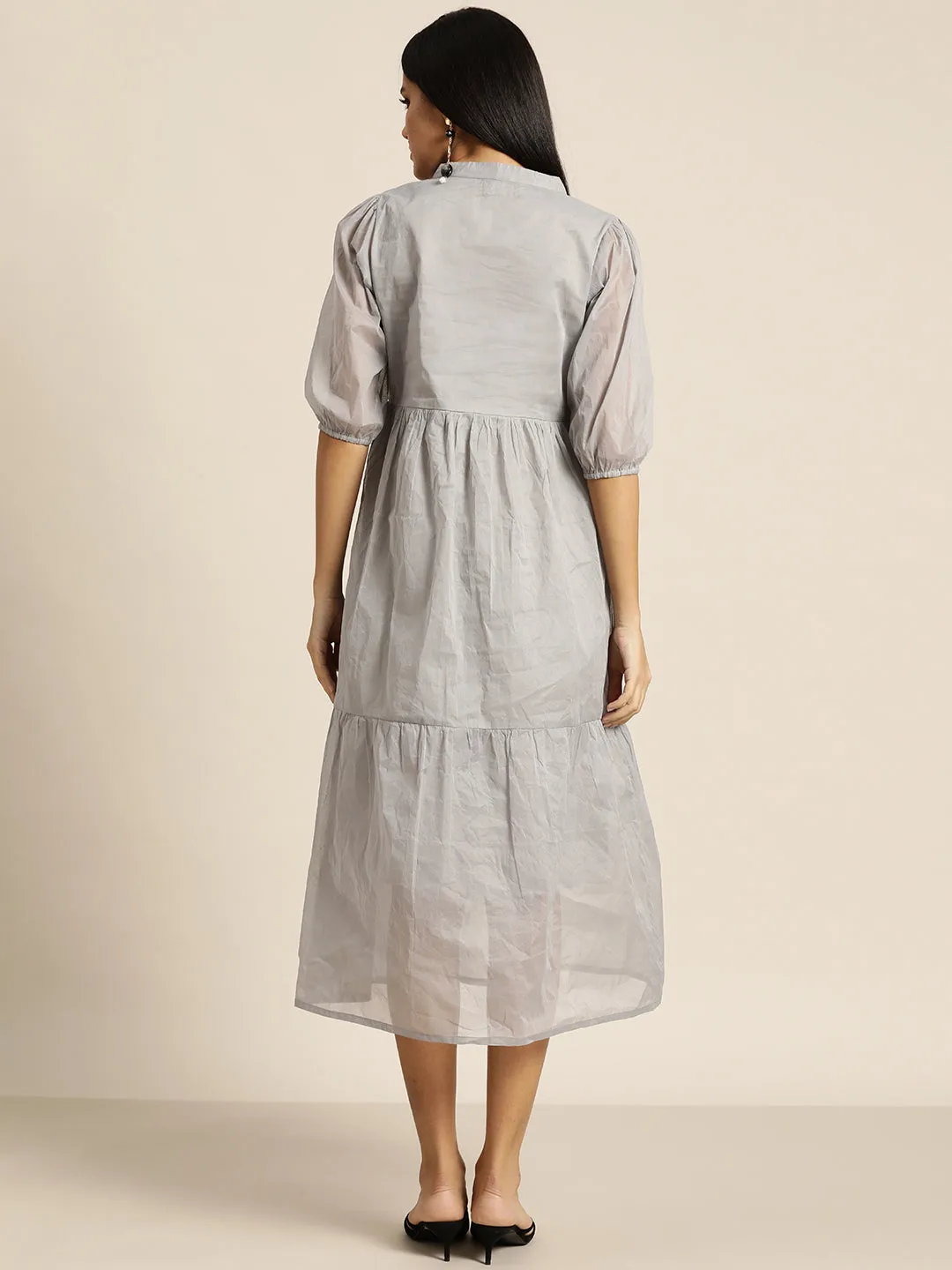 Women Grey Embroidered Organdy Tiered Dress