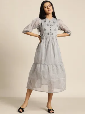 Women Grey Embroidered Organdy Tiered Dress