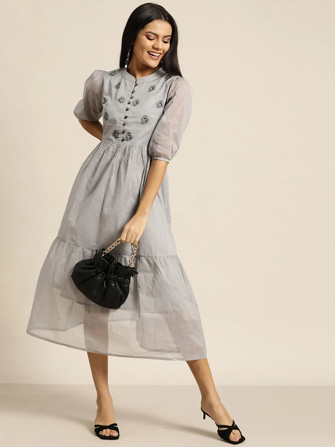 Women Grey Embroidered Organdy Tiered Dress