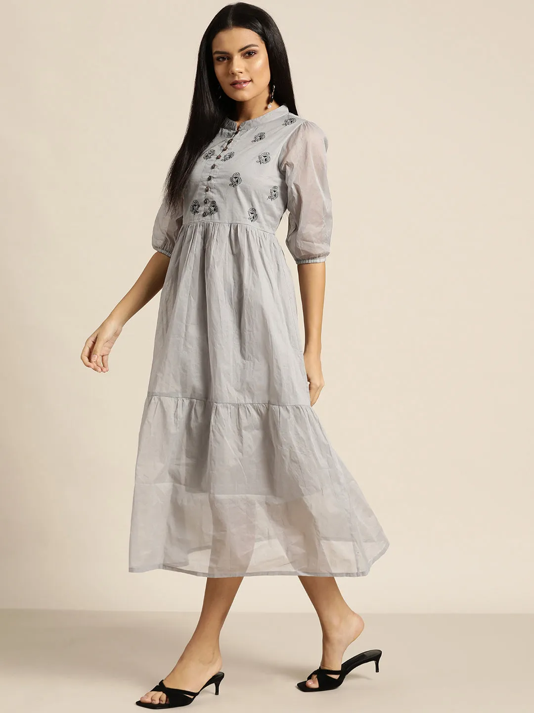 Women Grey Embroidered Organdy Tiered Dress