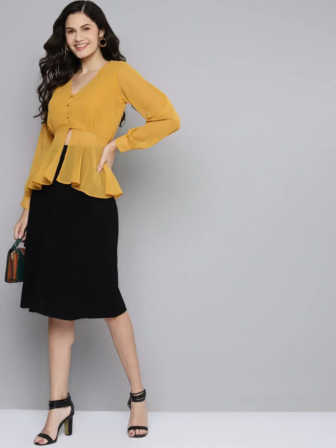 Women Mustard V Neck Neck Peplum Top