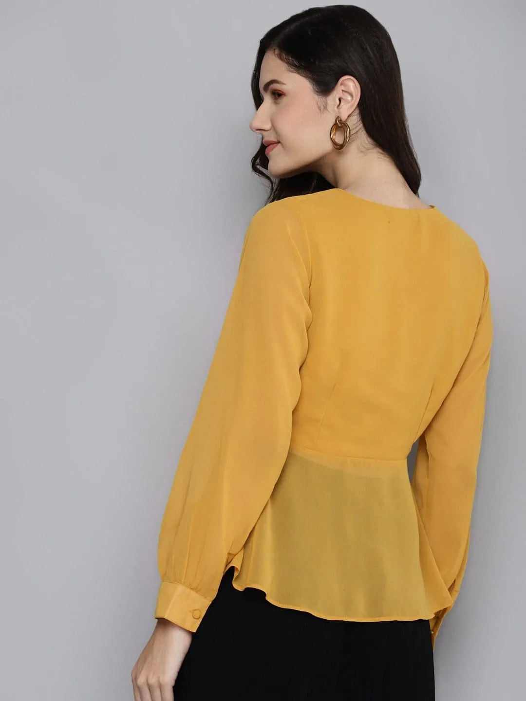 Women Mustard V Neck Neck Peplum Top