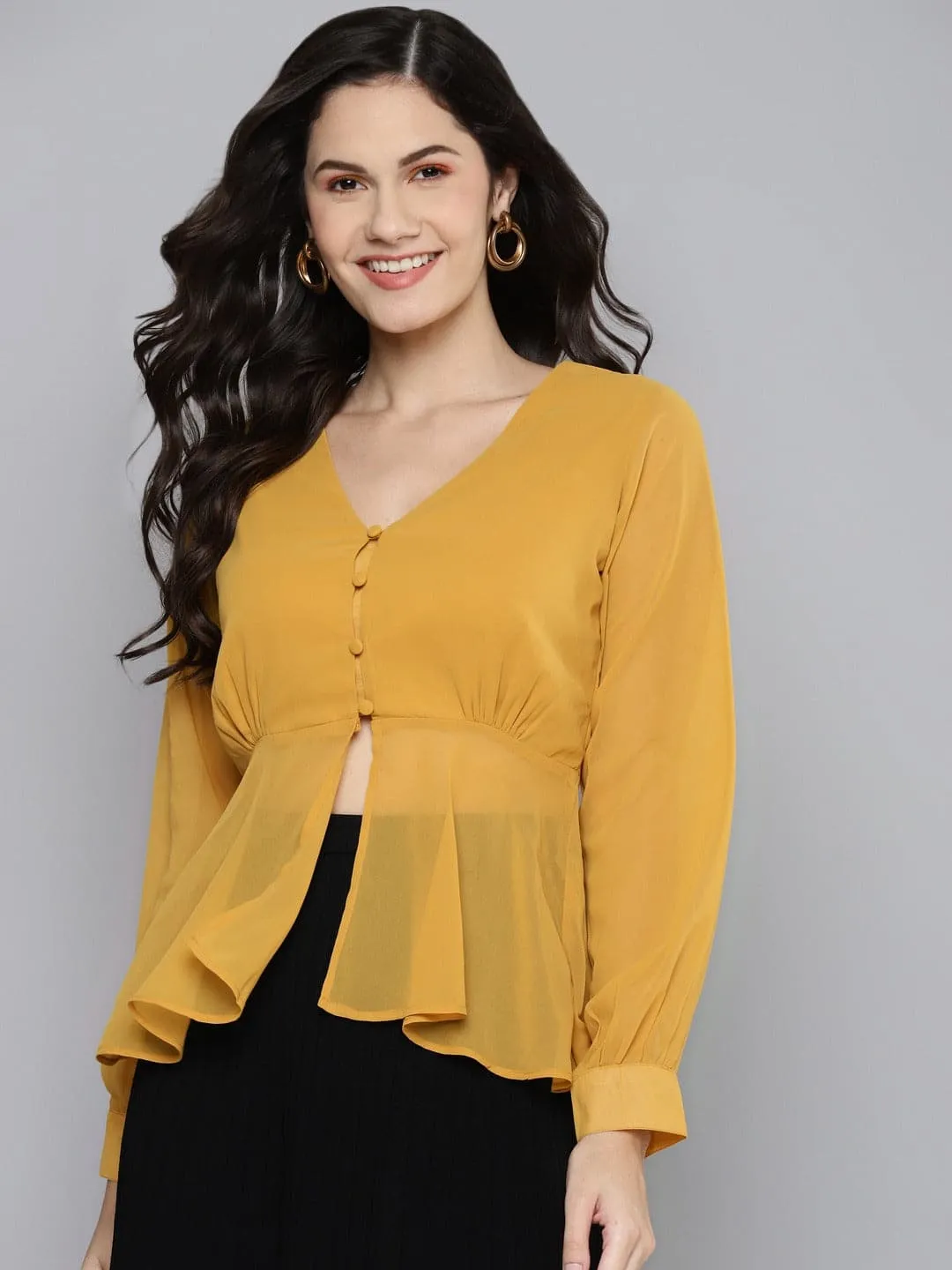 Women Mustard V Neck Neck Peplum Top