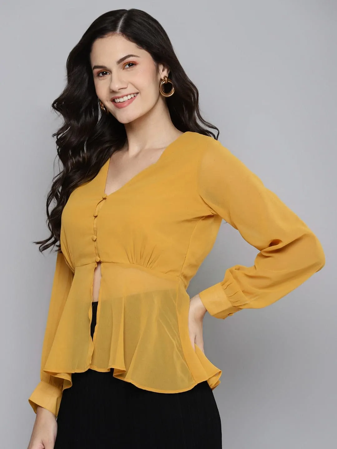 Women Mustard V Neck Neck Peplum Top