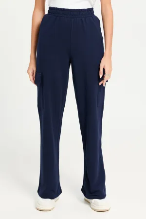 Women Navy Wide Leg Cargo Pants